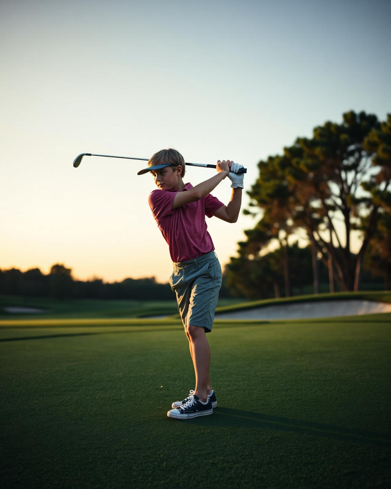 Junior golfer at the finish of a swing on a practice range at golden hour